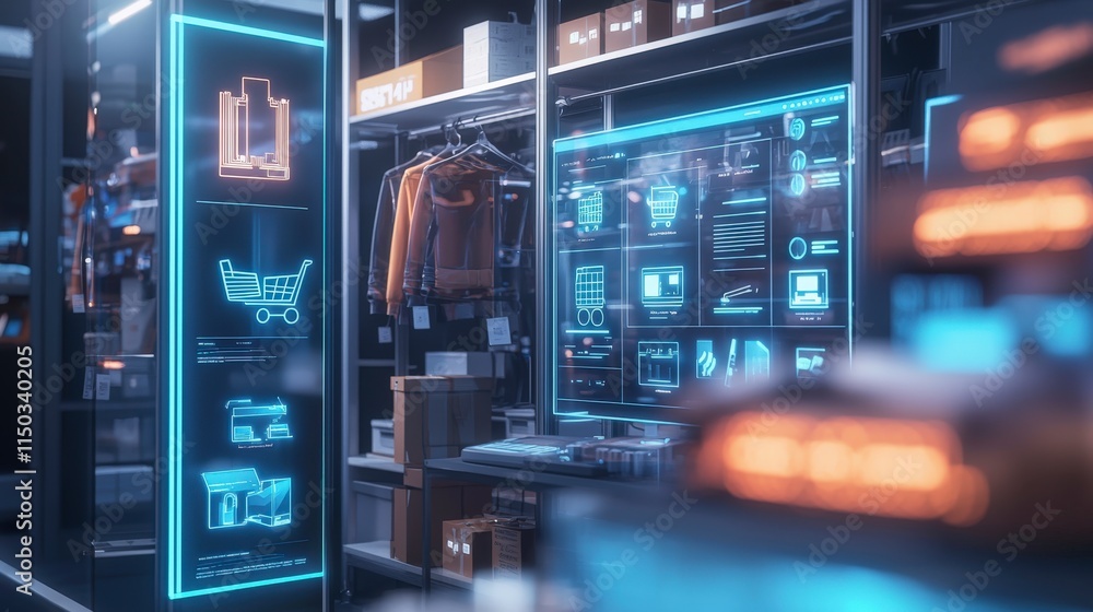 Aufkleber integrated e-commerce innovation showcase digital retail space interactive display futuristic enviro