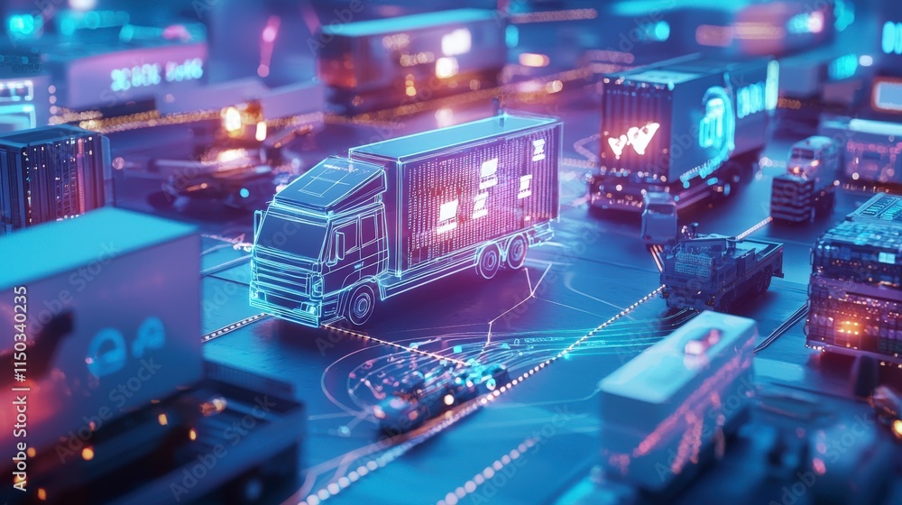 Poster integrated e-commerce automation digital transport hub 3d visuals futuristic environment aerial view