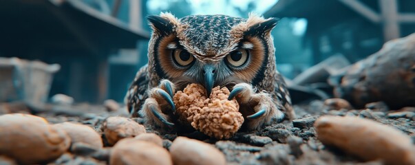 Witness the nocturnal prowess as an owl talons clutching prey in dim moonlight, shadowy and intense, predator at work The raptor's sharp claws tightly grip its prize, a compelling scene of nature's