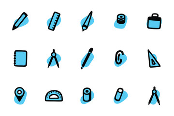 This set of simple, hand-drawn icons depicts various school supplies in a child-friendly style.