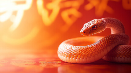 Fototapeta premium Coiled snake resting on a vibrant red and orange gradient with bold Chinese characters Chinese zodiac, year of the snake
