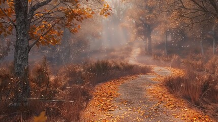 A winding trail through a misty autumn forest, adorned with fallen leaves and natural beauty