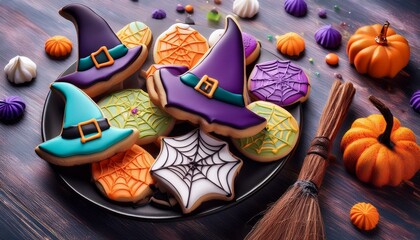 Generated image ookies shaped like witches' hats and broomsticks, decorated with colorful icing and candy