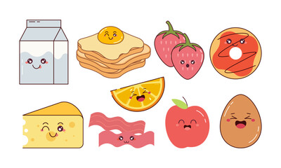 Hand-Drawn Cute Breakfast Food Collection. Kawaii Food Character Doodle Concept for Stickers, Cards, Decorations, and Others 