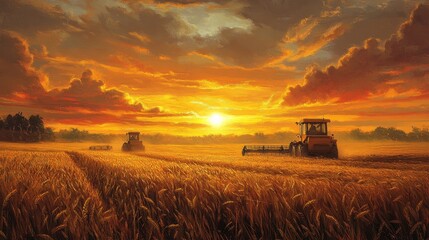 Fototapeta premium Golden Wheat Fields at Sunset With Tractors Harvesting Under a Vibrant Sky Showcasing Warm Hues and Dramatic Clouds