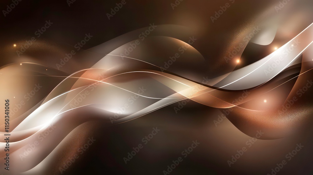 Poster abstract brown and orange glowing wave lines with sparkling particles on dark background.