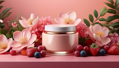 Generated image Cosmetic cream jar mockup, flower fruits pink painting background, 3d ads banner for beauty 