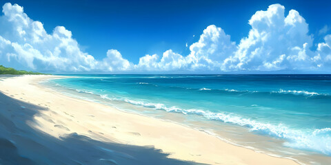 A serene beach scene with soft waves and fluffy clouds under a bright blue sky.