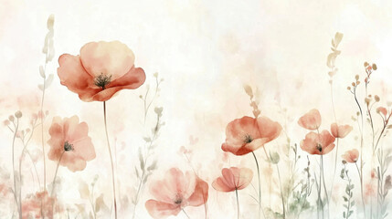 Soft watercolor florals in pastel tones, subtly scattered across a pale grayish-white background,