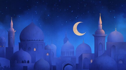 Mosques Dome on dark blue twilight sky and Crescent Moon on background, symbol islamic religion Ramadan, with copy space