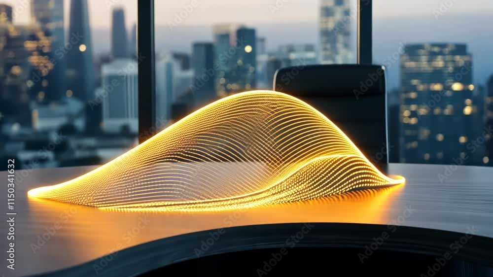 Poster High-tech Office with Dynamic Light Wave on Table in Modern Urban Setting