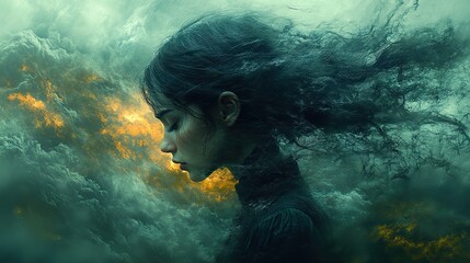 An artistic image of a girl amidst a storm symbolizes pain, burnout, depression, and anxiety