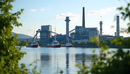 Obraz premium Industrial landscape: A large factory with smoky chimneys can be seen in the distance, surrounded by fields and forests.