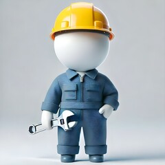 "3D Cartoon Construction Worker with Hard Hat and Wrench: Industrial Maintenance Icon for Workplace Safety"