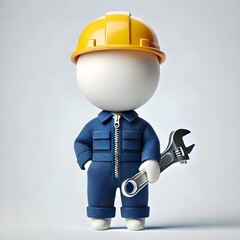 "3D Cartoon Construction Worker with Hard Hat and Wrench: Industrial Maintenance Icon for Workplace Safety"