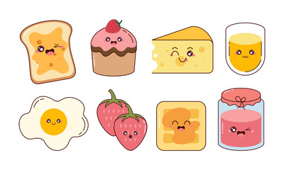 Hand-Drawn Cute Breakfast Food Collection. Kawaii Food Character Doodle Concept for Stickers, Cards, Decorations, and Others 