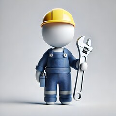 "3D Cartoon Construction Worker with Hard Hat and Wrench: Industrial Maintenance Icon for Workplace Safety"
