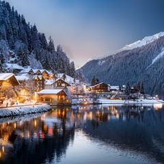 Generated image Cozy mountain village covered in snow, illuminated by warm lights