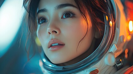 An Asian woman astronaut, wearing a spacesuit and helmet, embarks on a mission to explore the galaxy and conduct research in the cosmos