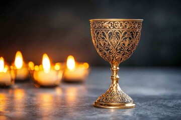 Fototapeta premium A golden chalice with intricate engravings, sitting on an altar surrounded by glowing candles