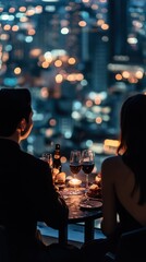 Couple enjoying soft candlelight dinner on a rooftop overlooking peaceful city lights sharing emotional stories and gentle smiles with intimate atmosphere