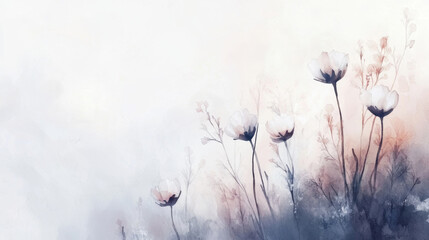 Soft watercolor florals in pastel tones, subtly scattered across a pale grayish-white background,