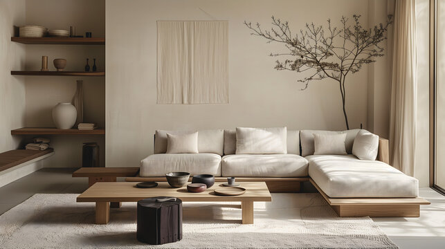 Salon chaleureux avec canap&eacute; bas, table en bois et d&eacute;coration artisanale.