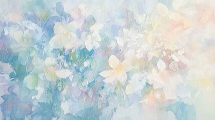 Soft watercolor florals in pastel tones, subtly scattered across a pale grayish-white background,