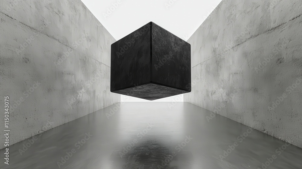 Poster Floating black cube in infinite white space abstract art minimalist design surreal environment unique viewpoint