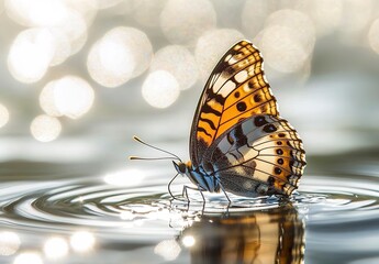 A butterfly is perched on the surface of water, with ripples visible around it. 