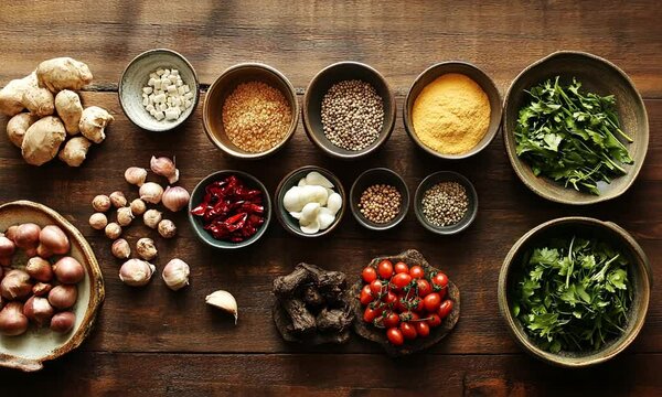 A vibrant display of various spices, herbs, and vegetables arranged on a wooden surface.