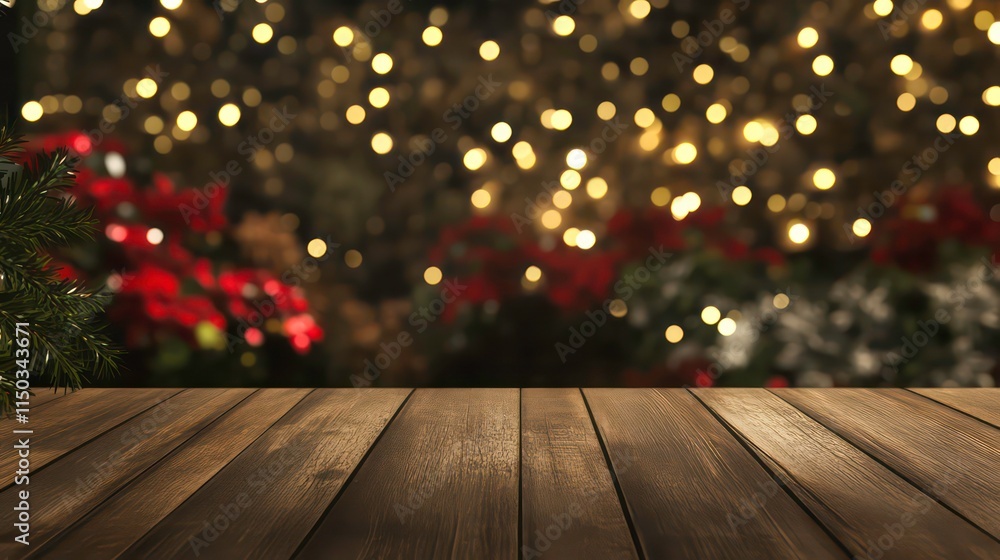 Poster empty wooden table in front of abstract blurred christmas light background for product display in a 