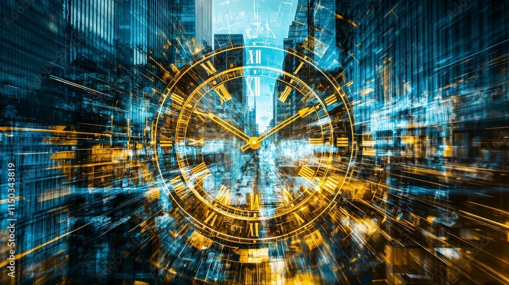 Poster Dynamic cityscape clock face urban environment digital artwork futuristic atmosphere perspective shift time concept