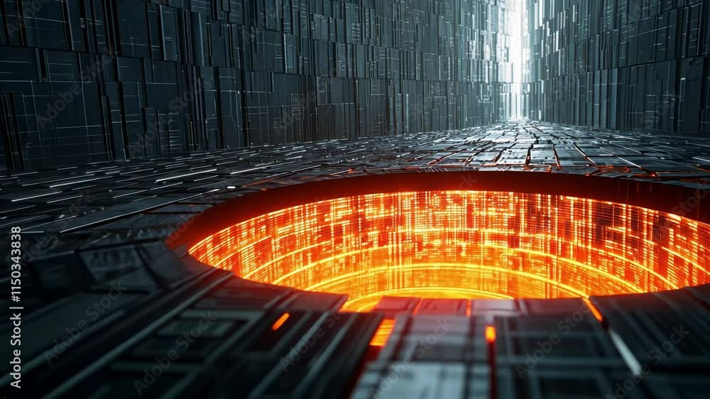 Poster futuristic corridor with circular portal and illuminated center in dark environment