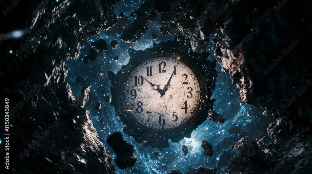 Aufkleber melting clock in cosmic landscape surreal art outer space fantasy artistic expression time and exist