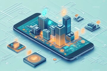 Obraz premium Digital Cityscape on a Smartphone, Showcasing Futuristic Technology and Smart City Features With Buildings and Connectivity Symbols