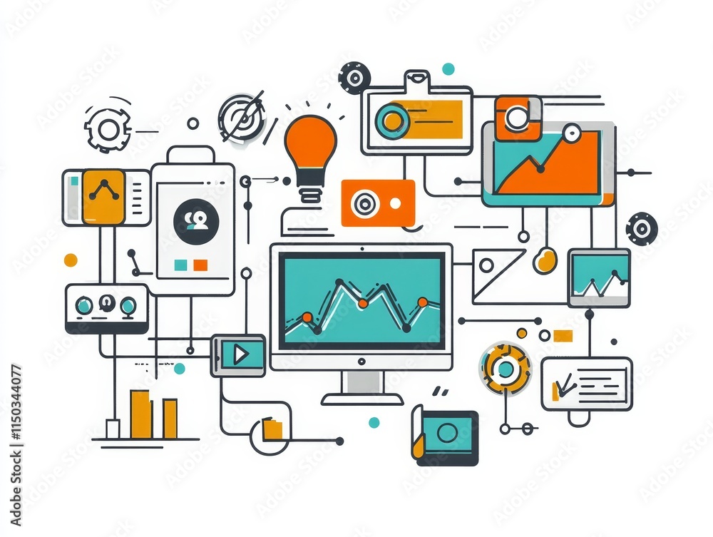 Poster creative digital workspace featuring graphical data analytics and tech elements illustrating modern 