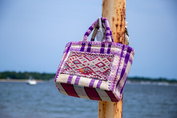 fashion bag made of rugs, tote bag, long island background beach scene