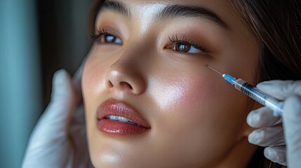 An Asian woman receiving a cosmetic collagen filler injection for facial hydration