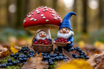 A happy gnome family sitting on a giant mushroom, sharing a basket of berries in a picturesque forest