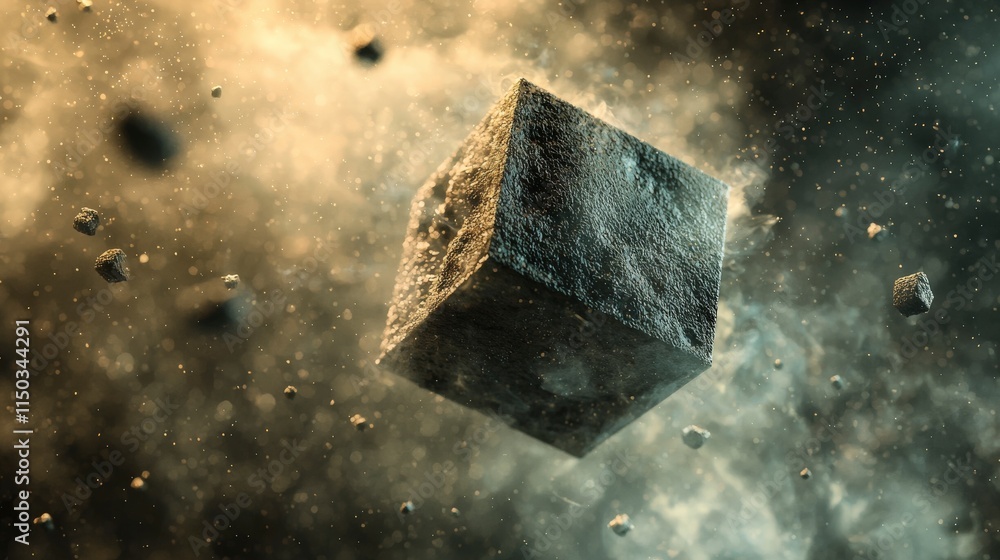 Poster Dynamic perspective of a disintegrating floating cube a conceptual exploration in abstract digital art