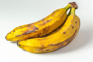 A plantain banana, yellow and firm, rests isolated on a white background.