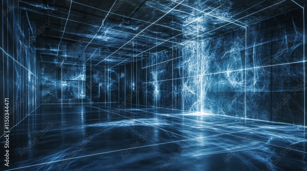 Poster electric currents illuminate dark empty room futuristic installation abstract art digital environmen