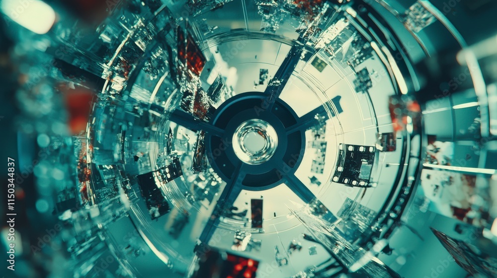 Poster dynamic film reel scenes overlapping in a futuristic setting visual art digital environment aerial p