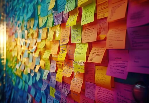 A wall covered in colorful Post-it notes, each note containing unique messages and ideas. 