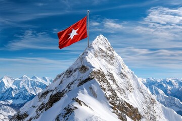 A hyper-realistic image of a flag planted on a mountain peak, with tiny details like snow particles and reflections from the sun