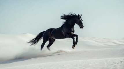 Majestic Black Stallion Galloping Across the Arabian Desert