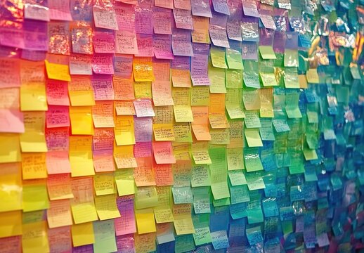 A wall covered in colorful Post-it notes, each note containing unique messages and ideas. 