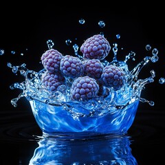 Fresh raspberries splashing in clear water.