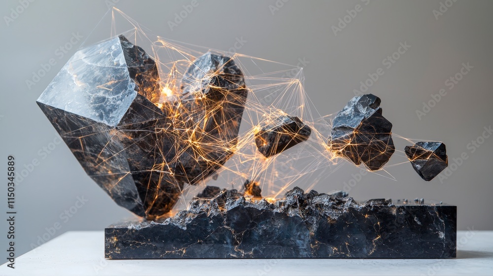 Poster indoor gallery abstract geometric sculpture in slow motion crumbling in a modern art installation cl